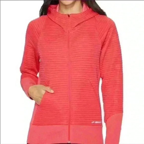 Brooks Tops - Brooks Womens Size XS Fly-By Hoodie Pink Full Zip Raglan Sleeve Pockets Ribbed
